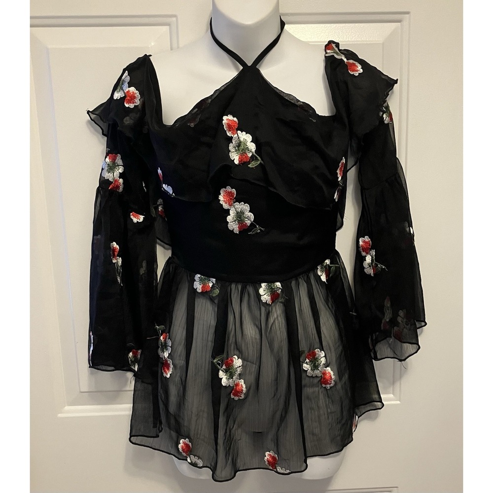MISSGUIDED Sz 0 XS Black Sheer Ruffle Floral Crop Top Embroidered Festival Boho
